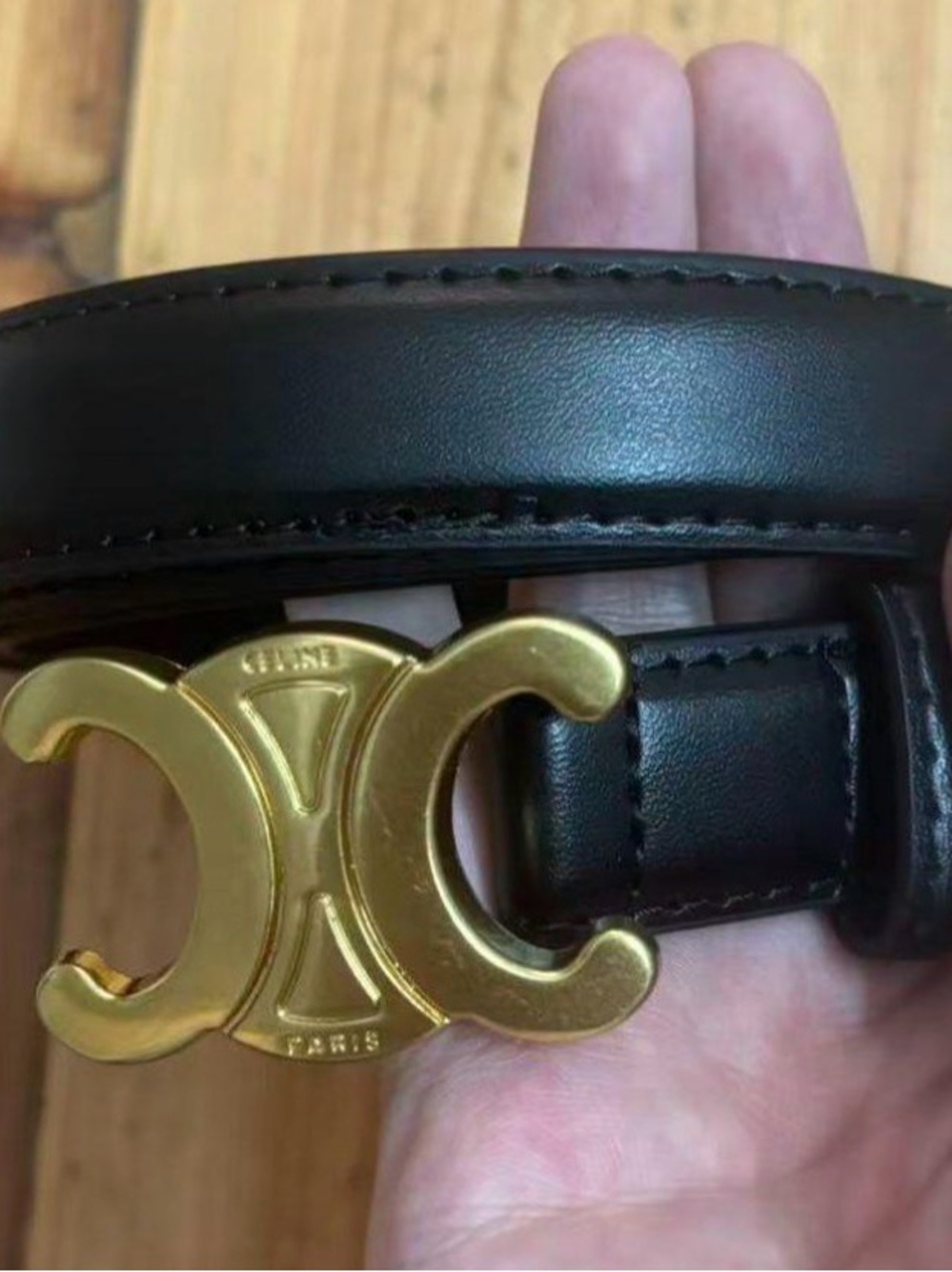 Celine Black Leather Belt with Gold Triomphe Buckle